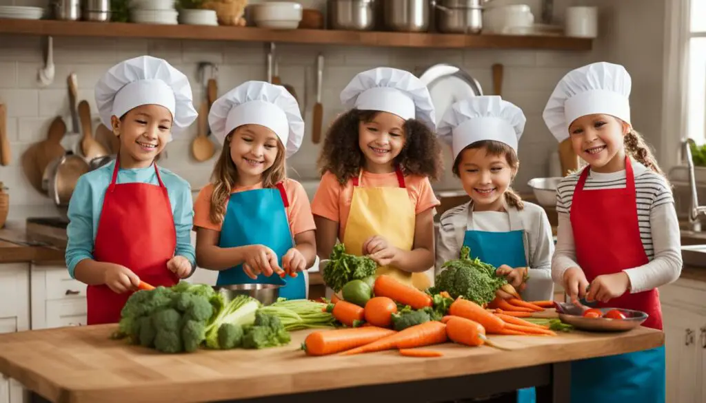 Crianças participando de atividade de culinária para educação alimentar